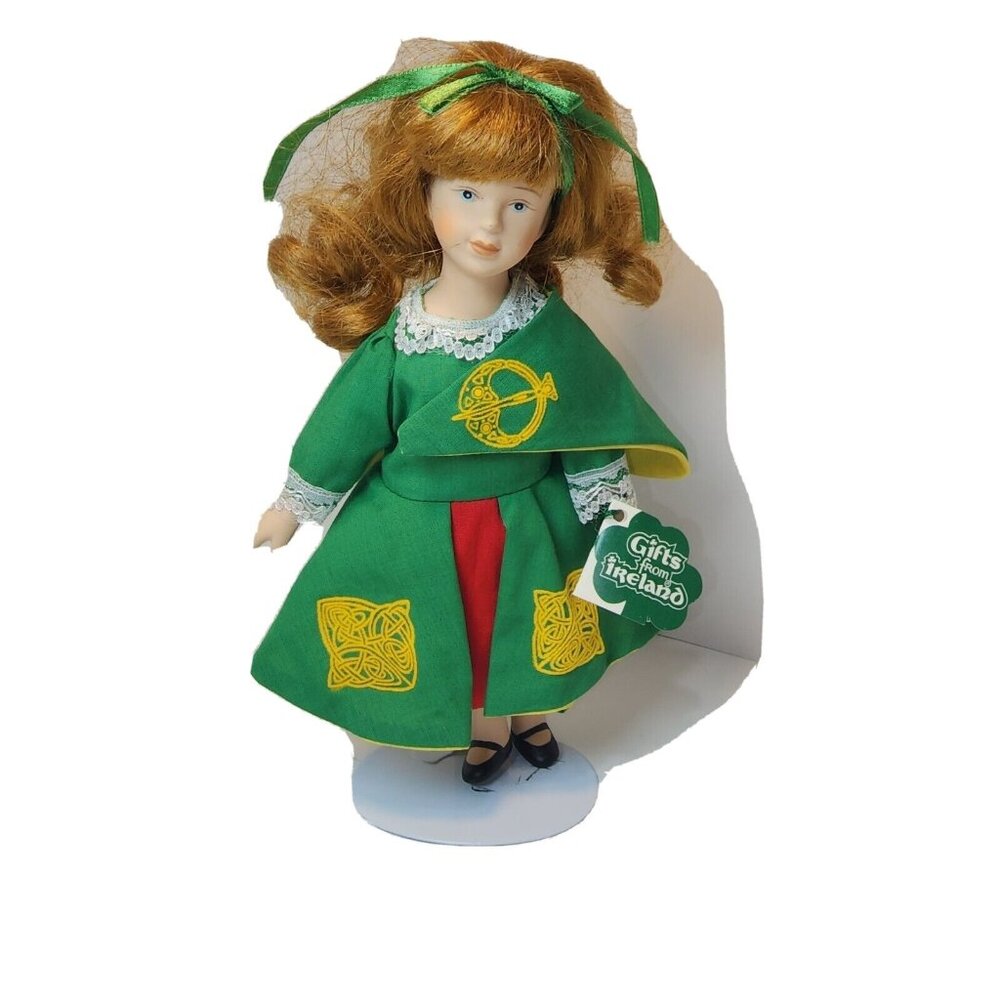 VTG Irish Porcelain Doll GREEN Celtic Print DRESS Red St. Patrick's Day 6" NWT